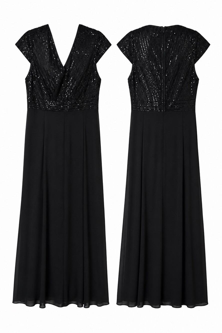 Women’s XL Black Sequin V-Neck Maxi Dress Sleeveless Zip Back Polyester